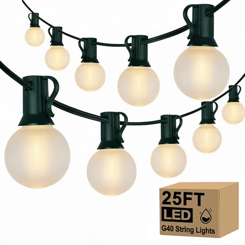 25Ft Christmas Outdoor String Lights, G40 Globe Lights with 27 0.6W Frosted Warm White Bulbs, Vintage Christmas Lights for Holiday Party Backyard Xmas Tree Wedding Garden Patio Porch Decor, Green Wire - color: Frosted White, size: 25Ft