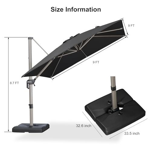 PURPLE LEAF Patio Umbrella with Base Included, 9ft Outdoor Aluminum Cantilever Umbrella with 360° Rotation, Aluminum Large Offset Umbrella for Outdoor Garden Pool, Black - color: Black, size: 9' x 9'