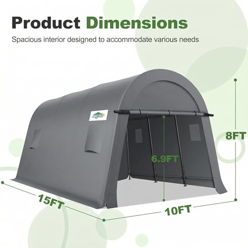 COBIZI 10x15 Carport Canopy Heavy Duty Portable Garage Tent with Double Zippered Roll-up Doors & Vents, Large Space Car Port Car Garage Waterproof Anti-Snow for Cars, Boats, Trucks, Gray - color: Gray, size: 10'x15'