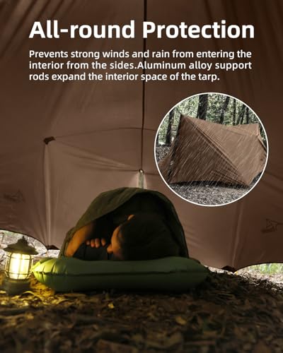 Ultralight Tarp, 14ft Hammock Rain Fly Lightweight Waterproof Camping Tent Tarp with Doors, Bushcraft Tarp Shelter for Backpacking Hiking Camping - color: Coyote Brown