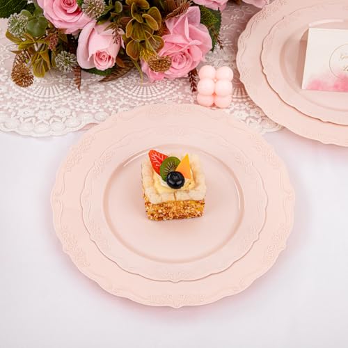 U-QE 100PCS Mauve Pink Plastic Plates - Heavy Duty Pink Disposable Plates for Mothers Day, Party, Baby Shower, Wedding - Serving 50 Guests Include 50PCS 10'' Dinner Plates & 50PCS 7.5'' Dessert Plates - color: Mauve Pink