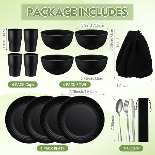 Teenyyou 4 Sets Camping Mess Kits for 4 Person Camping Silverware Set Include Cup, Bowl, Plate, Knife, Spoon, Fork Cutlery Set Unbreakable Wheat Straw Dinnerware Utensils for Travel - color: Black Color
