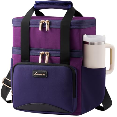 LOVEVOOK Insulated Lunch Bag For Women Men,Expandable Double Deck Lunch Box With Large Cup Holder,Leakproof Cooler Bag For Adult Lunch Tote Bag Work Picnic Beach with Adjustable Shoulder Strap Gift - color: Purple with Black, size: Large —15l