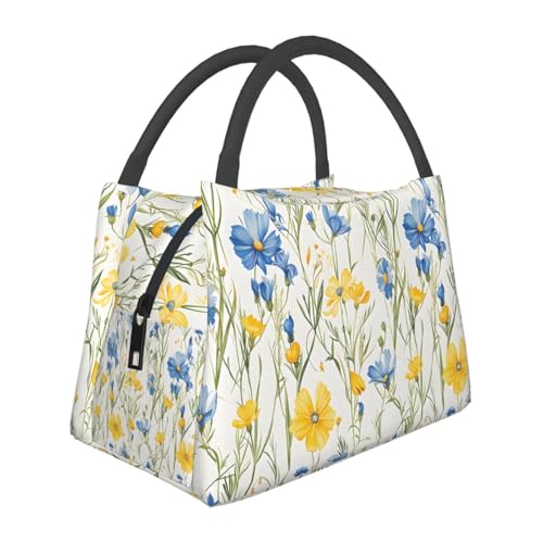 Wildflower Reusable Lunch Box,Vibrant Yellow Blue Floral Lunchbox for Girls Women Flower Lovers,Insulated Lunchbag,11in*6.3in*6.7in,Gifts Makeup Bag,Portable Handbag for Picnic Work Travel - color: Wildflower