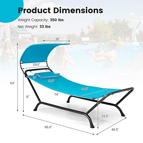 Tangkula Hammock with Stand Included, Heavy Duty Outdoor Hammock with Adjustable Canopy, Rustproof Metal Stand, Pillow, Storage Pocket, Hammock Bed with Stand for Backyard Lawn Poolside (Blue) - color: Blue