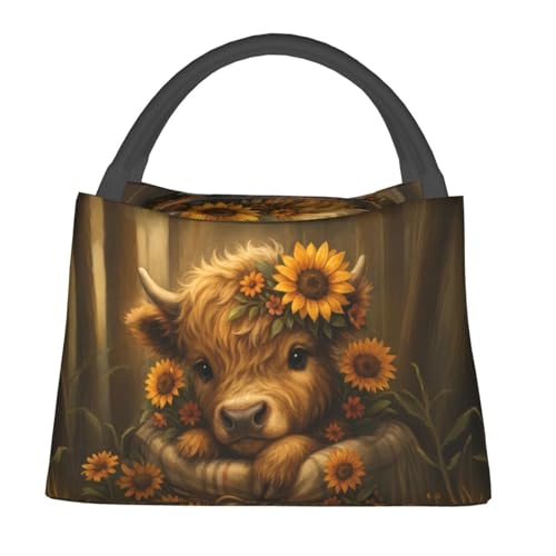 Rustic Highland Cow Reusable Lunch Box,Cute Calf Sunflower Lunchbox for Women Farm Animal Lovers,Insulated Lunchbag,11in*6.3in*6.7in,Gifts Makeup Bag,Portable Handbag for Picnic Work Travel - color: Highland Cow