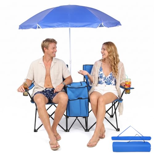 Outvita Folding Double Camping Chair w/Umbrella Beverage Holder Carrying Bag Cooler Fold Up Table, Large Bearing Capacity for Beach Patio Pool Park Outdoor Blue - color: Blue