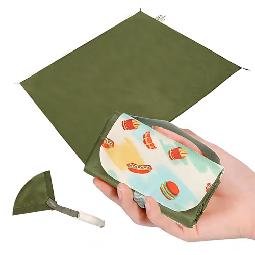 Picnic Blanket Waterproof – Packable Sand Proof Beach Blanket (0.42lb/0.66lb), Compact & Foldable, Fits in Pocket with Integrated Stakes, Ideal for Camping, Hiking, Travel, Concert, Festival - size: Military Green Burger 59.06" x 39.37"