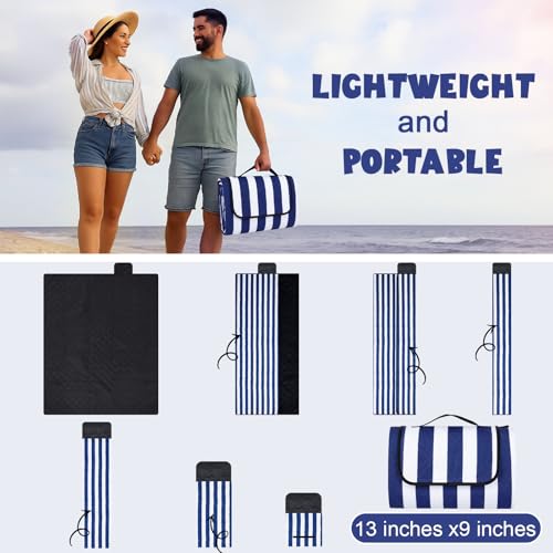80" x 100" Extra Large Picnic Blankets Beach Mat Sandproof Waterproof Foldable Oxford Blue Strip Blanket Beach Mat Fall Picnic Stuff for Family Camping Hiking Party Park Travel Grass - color: Navy and White, style: Stripe