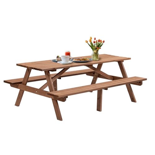 Outdoor Wooden Picnic Table with Benches and Umbrella Hole, Rustic Style Lifetime Picnic Table Bench Set for 6 or 8 Person for Backyard, Porch, Patio, and Deck, Brown - size: Rectangle-6person