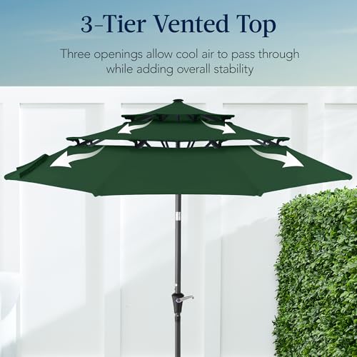 Best Choice Products 10ft 3-Tier Market Patio Umbrella, Outdoor Sun Shade with Tilt, Crank Lift, 8 Ribs for Backyard, Deck, Poolside - color: Green