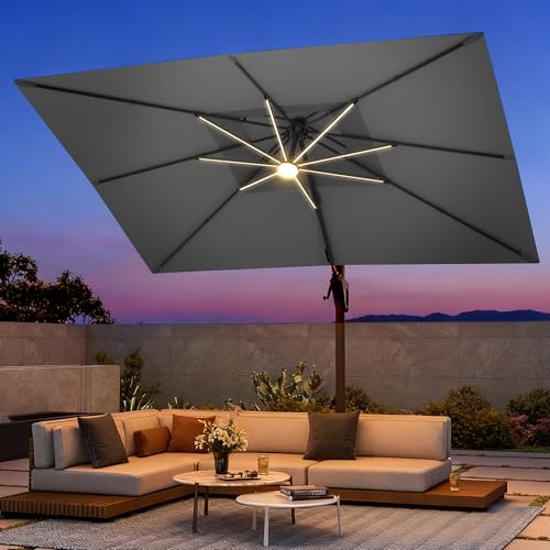 9 X 12 FT Cantilever Outdoor Patio Umbrella with Led Lights Heavy Duty Windproof Double Top Large Rectangle Offset Umbrellas with 360-degree Rotation for Garden Pool Deck Backyard, Grey - color: Grey, size: 9' X 12'- Only Umbrella(LED)