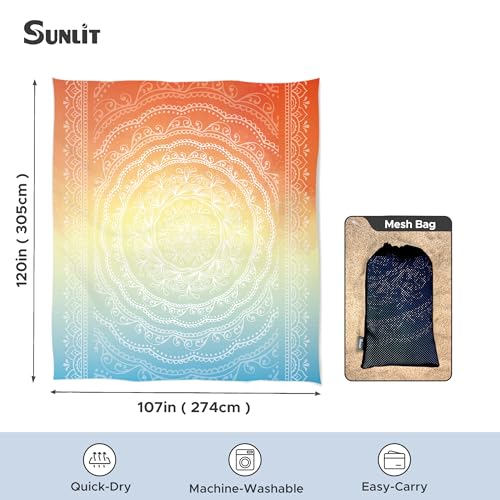 Sunlit Silky Soft Sand Proof Beach Blanket 106"x81" / 85"x72" Sand Proof Mat with Corner Pockets and Mesh Bag for Beach Party, Travel, Camping and Outdoor Music Festival, Mandala - color: Orange Blue, size: 120"x108"