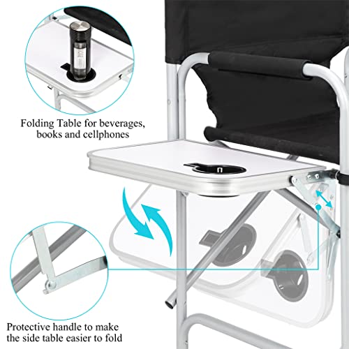 Tall Directors Chair, Portable Makeup Artist Chair with Side Table, Cup Holder, Storage Bag and Footrest, 41'' Seat Height Folding Camping Chairs for Tailgating Camp Lawn Picnic Fishing Beach