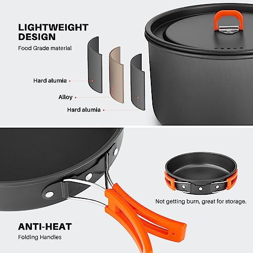 Odoland 15pcs Camping Cookware Non-Stick Lightweight Camping Pots and Pans Set with Kettle Plastic Plates Bowls Soup Spoon for Camping, Backpacking, Outdoor Cooking and Picnic - style: 15pcs W/ Pot