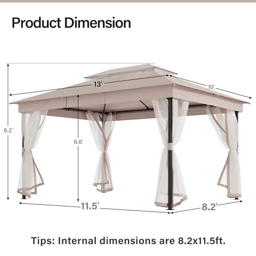 LAUSAINT HOME 10' X 13' Waterproof Patio Gazebo with Mosquito Netting, Double Roof Outdoor Gazebo Pavilion Shelter for Backyard, Garden, Lawn, Wedding (Khaki) - color: Khaki, size: 10'x13' w/o curtains