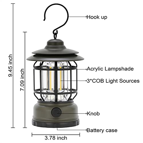 Rechargeable Portable LED Camping Lanterns, Vintage Style Tabletop Lantern, Stepless Dimming, Waterproof IP44 - Green, 2 Pack for Camping, Hanging Tent Light, and Power Outages - style: Green 2 Pack