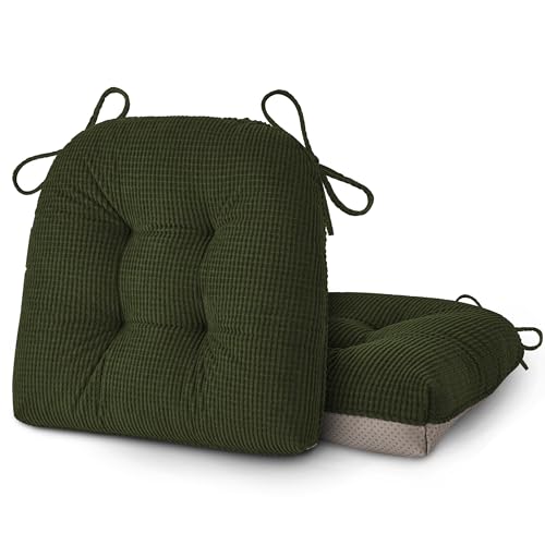 OVOV Dining Chair Cushions Set of 2 Soft Non-Slip Kitchen Chair Pads Tufted Seat Cushion with Ties for Kitchen Dining Room(18" x 16.5" x 3" Dark Green) - color: Dark Green