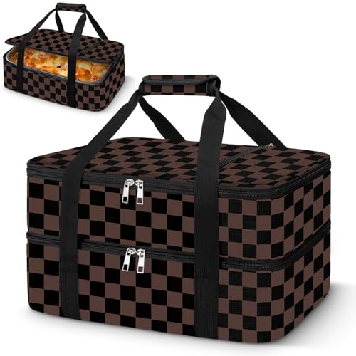 Coobiiya Insulated Casserole Carrier,Lasagna Lugger Tote Keeps Food Hot or Cold,Thermal Lunch Bag Warmer & Cooler Carrier Bag,Portable Tote Bag Fits 9" x 13" Baking Dish for Picnic and Cookout - color: Brown Grid, size: Double Layer: 15.75 × 11.8 × 7.87 i