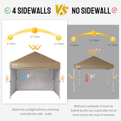 CROWN SHADES 10X10 Commercial Instant Canopy Pop Up Tent with Center Lock, 300D Fabric, 4 Sidewalls, Sto'N Go Bag, Beige - color: Beige, size: 10x10 Classic
