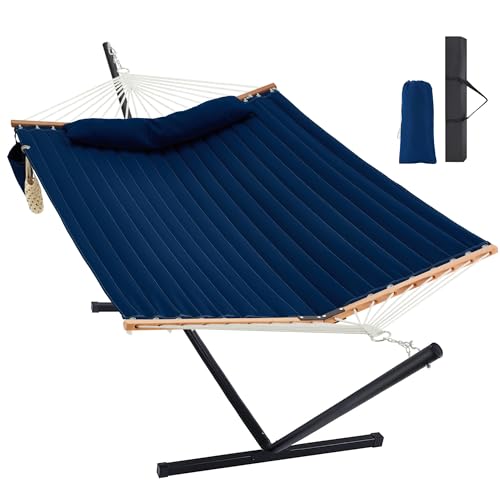 Homgava Two Person Hammock with Stand for Outside Heavy Duty, Outdoor Patio Hammock with Portable Steel Stand, Large Double Hammocks,480lbs Capacity.(Dark Blue) - color: Dark Blue