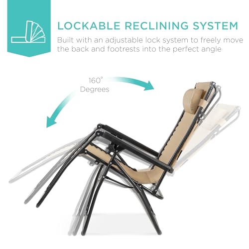 Best Choice Products Folding Zero Gravity Outdoor Recliner Patio Lounge Chair w/Adjustable Canopy Shade, Headrest, Side Accessory Tray, Textilene Mesh - Beige - color: Beige, size: Standard