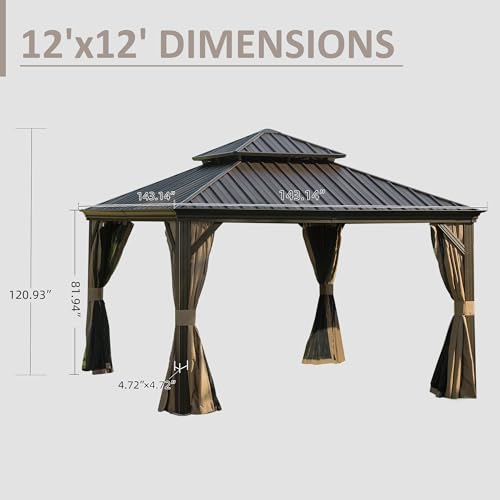 Domi 12' X 12' Hardtop Gazebo, Upgraded Metal Gazebo with Drainage System, Dual-Layer Galvanized Steel Roof, Curtain and Netting, Outdoor Shelter Canopy for Patio, Garden, and Backyard, Brown - color: Brown, size: 12'x12'/w gutter