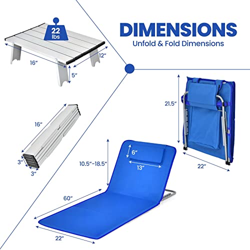 Giantex Beach Chairs for Adults 2 Pack Set with Side Table, Folding Lounge Chairs, 5 Position Adjustable Lawn Chair for Sunbathing, Patio Chaise Lounge Lightweight Backpack Camping Chairs (Navy) - color: Navy