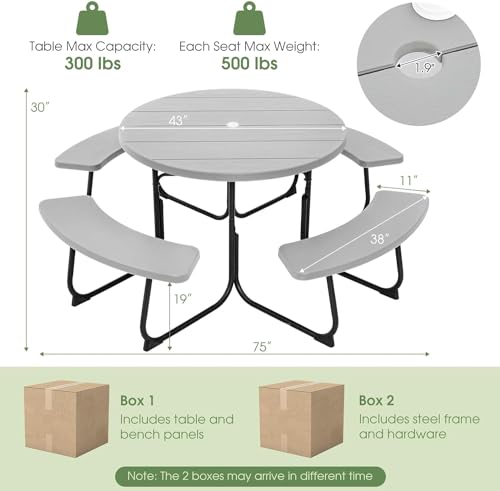 Round Picnic Table for Outdoors, 8 Person Outdoor Picnic Tables & Benches Set with Umbrella Hole, HDPE Tabletop & Metal Frame, 2000 LBS Capacity Table Bench Set for BBQ, Garden, Lawn, Patio - color: Grey