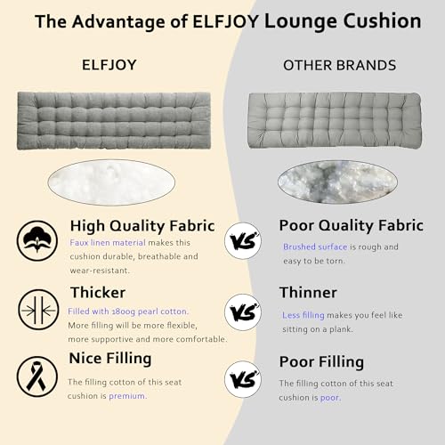 ELFJOY Lounge Chair Cushion Faux Linen Zero Gravity Chair Cushion with Ties Thick Padded Long Bench Cushion for Recliner Chaise Longue Sun Lounger Bench Porch Swing Light Grey 63 Inch - color: Light Grey