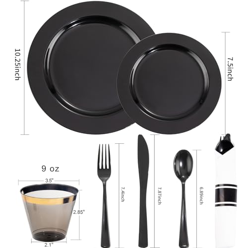 EI 350pcs Black Plastic Plates Disposable Heavy Duty Plastic Dinnerware Set Pre Silverware and Napkins Set Black and Gold Cups for Party Suit for Party,Wedding,Afternoon Tea,Spring,Valentine's Day - color: Black Plastic Plates Dinnerware