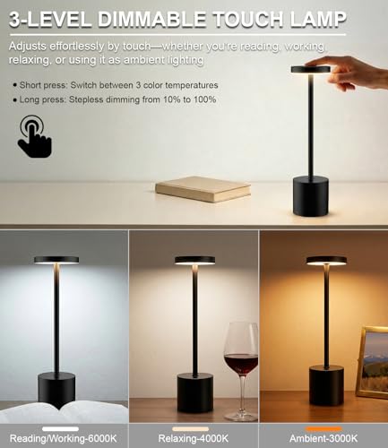 Cordless Table Lamp Set of 2, Rechargeable 5000mAh Battery Operated Outdoor Table Lamps, Portable LED Desk Lamp, 3 Color Dimmable Table Light for Restaurant, Patio, Bedroom, Bedside Night Lamp(Black) - color: Black (Set of 2)