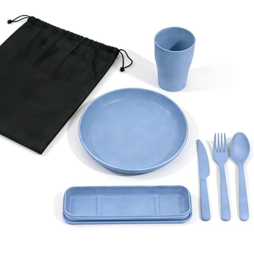 Camping Cooking Utensils, 5-Piece Camping Mess Kit with Plate, Cup, Spoon, Fork, Knife and Carry Bag, Reusable Camping Essentials Gear, Accessories for Home, Poolside, Outdoor, Picnic, Camp
