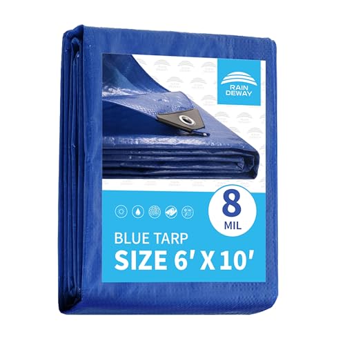 Blue Tarp 6x10 Feet 8 Mil, UV Resistant, Durable, Multipurpose Waterproof Poly Tarp Cover with Metal Grommets and Reinforced Edges by RAINDEWAY - color: Blue, size: 6x10 Feet-Finished Size