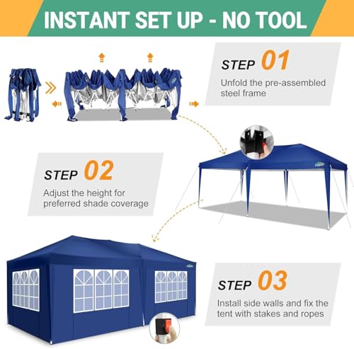 COBIZI Canopy 10x20 Pop Up Canopy with 4 Sidewalls Easy Pop Up Tent 10x20 Waterproof Commercial Instant Shelter UPF 50+ Portable Gazebo Wedding Tents for Parties Carport Events(Dark Blue - color: Navy Blue, size: 10x20FT with 6 sidewalls