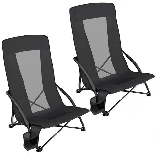 SONGMICS Set of 2 Portable Beach Chairs for Adults, Max. Load 330 lb Each, High Backrest, Cup Holder, Lightweight, Heavy-Duty, Black UGCB067B01V1 - color: Black, style: 2 Pack