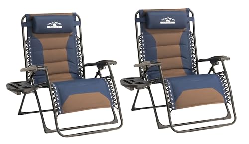 Zero Gravity Lounge Chairs - Set of 2 Oversized Reclining Patio Chairs with Adjustable Pillow & Cup Holder (500lbs Capacity, Blue/Brown) - color: Brown & Blue, size: X-Large/2 PCS