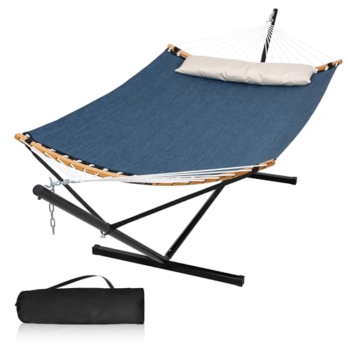 2 Person Hammock with Stand Included, Quick Dry Hammock with Curved Spreader Bars for Outside, Poolside, 450 Lbs Capacity, Dark Blue - color: Zquick Dry-dark Blue