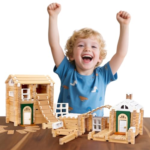 Jovi-mindly＆Notchies 107 Pcs Wooden Blocks Toys with Door and Windows,Classic Old Fashioned Toys,Wooden Building Blocks for Kids Ages 4-8 Boys and Girls,Birthday Toys Gifts - style: Dream House
