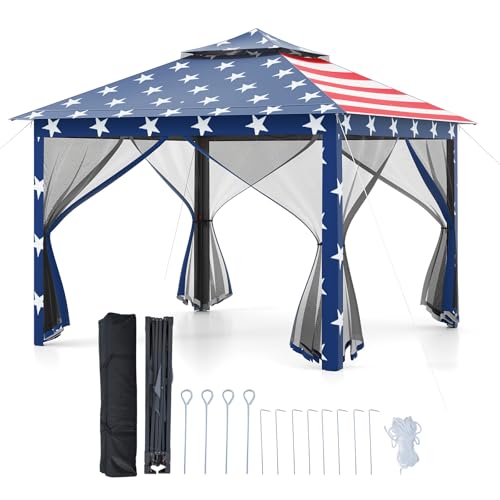 Goplus11 ft × 11 ft Pop up Gazebo, Portable Screen Canopy Shelter w/Mesh Netting Sidewalls, Vented Top, Drainage Holes, Heavy-Duty Height Adjustable Easy Setup Party Tent for Backyard - color: American Flag