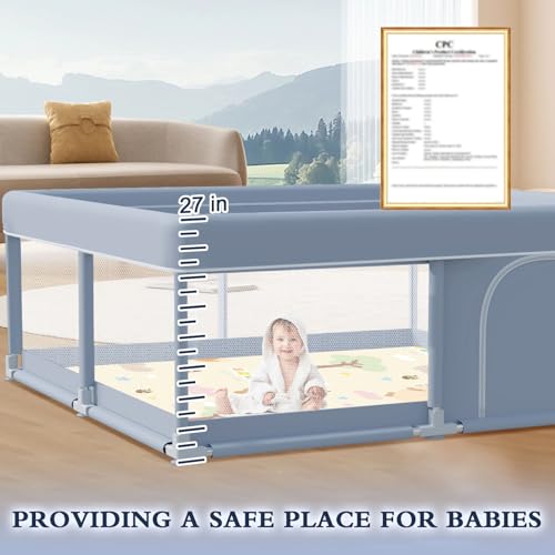 XVISHX 50 x 50 Inch Baby Playpen with Mat, Playpen for Babies and Toddlers, Baby Playard for Indoor & Outdoor Active Center Game Fence, with Skin-Friendly Fabric and Soft Breathable Mesh, Grey - size: 50 × 50 Inch+MAT