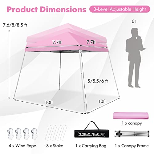 Tangkula 10x10 Ft Pop Up Canopy, Slanted Leg Outdoor Canopy Tent with Center Lock, UPF50+ Sun Protection, 4 Stakes, 8 Ropes, Carrying Bag, 1 Person Setup Instant Tent Shelter for Camp, Beach, Patio - color: Pink