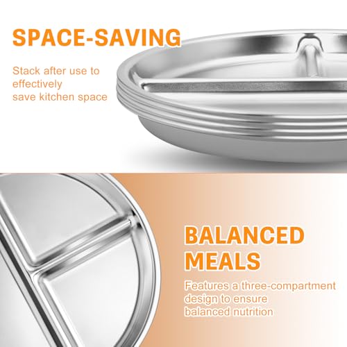 hunnycook Stainless Steel Plates - 4-Pack 9-Inch Unbreakable Stainless Steel Plate Set with 3 Partitions, Safe & Rust-Resistant Balanced Meals Plates for Dinner, Outdoors