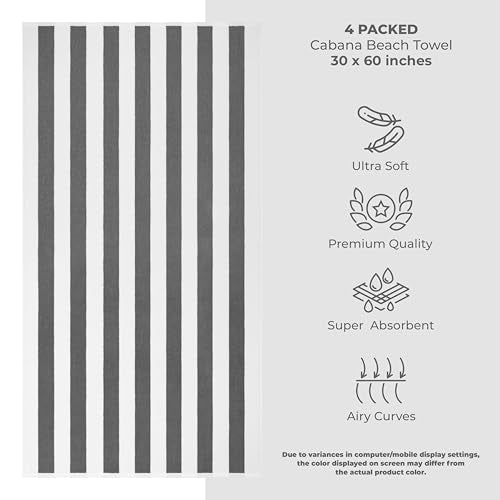 American Soft Linen Cabana Striped Beach Towels, 30x60 inch 4 Piece Oversize Pool Towels, Quick Drying Sand Free Swim Towels, Gray - color: Dark Grey