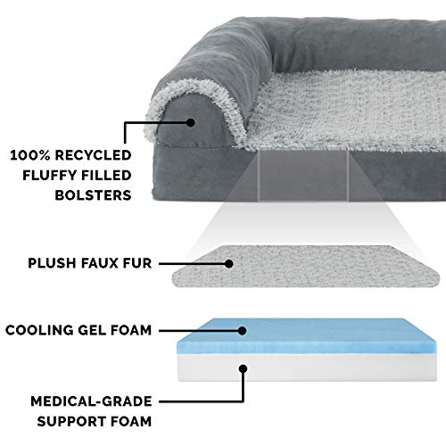 Furhaven Cooling Gel Dog Bed for Medium/Small Dogs w/ Removable Bolsters & Washable Cover, For Dogs Up to 35 lbs - Two-Tone Plush Faux Fur & Suede L Shaped Chaise - Stone Gray, Medium - color: (Two-Tone Faux Fur & Suede) Stone Gray, size: Medium
