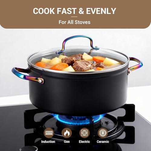 Ammeloo 17 Pcs Ceramic Cookware Set, Induction Pots and Pans Set Non Stick, Premium Colored Stay Cool Handle, Non Toxic PFOA PFOS Free, Oven Safe & Compatible with All Stovetops, Black - color: Fixed Colored Handle
