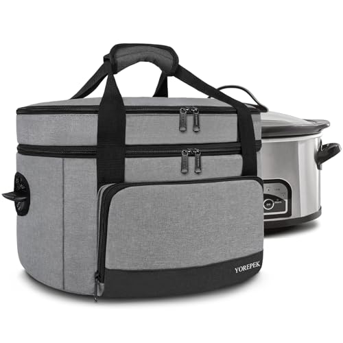 YOREPEK 2 Layer Slow Cooker Carrier, Compatible with 6, 7, 8 Quart Crock-Pot, Insulated Large Slow Cooker Travel Bag with Bottom Pad Lid Fasten Straps, for Family Gathering Potluck, Gifts for Women - color: Gray