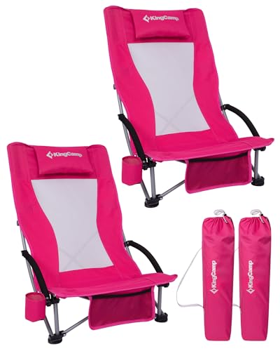 KingCamp Low Beach Chair, High Back Folding Camping Chair for Adults, Oversized Breathable Mesh Seat, 300lbs Heavy Duty Portable Chair with Cup Holder & Storage Pockets for Beach, Outdoor - color: Ergobreeze H Rosered 2pcs