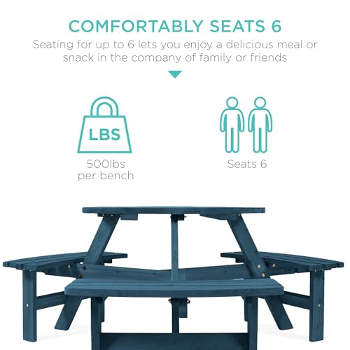 Best Choice Products 6-Person Circular Outdoor Wooden Picnic Table for Patio, Backyard, Garden, DIY w/ 3 Built-in Benches, 500lb Capacity - Harbor Blue - color: Harbor Blue
