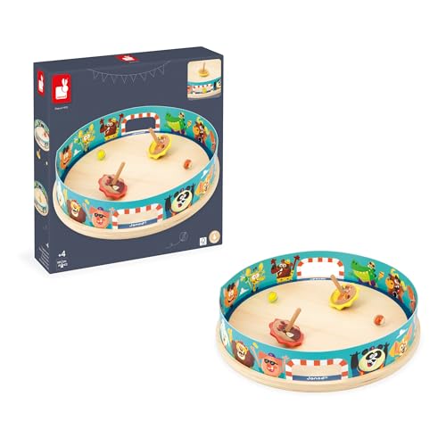 Janod Applepop Spinning Top Arena Carnival Game - 5 Piece Set - 2 Players - Ages 4-8 - J03355 - style: Spinning Top Arena
